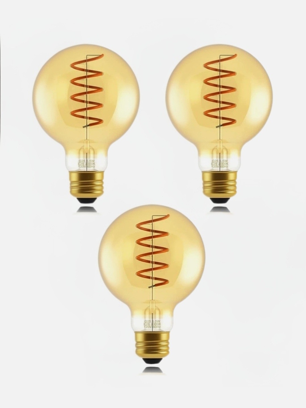 3x G25 Dimmable LED Flexible Spiral Filament Edison Bulbs Vtg Amber Glass 2000k